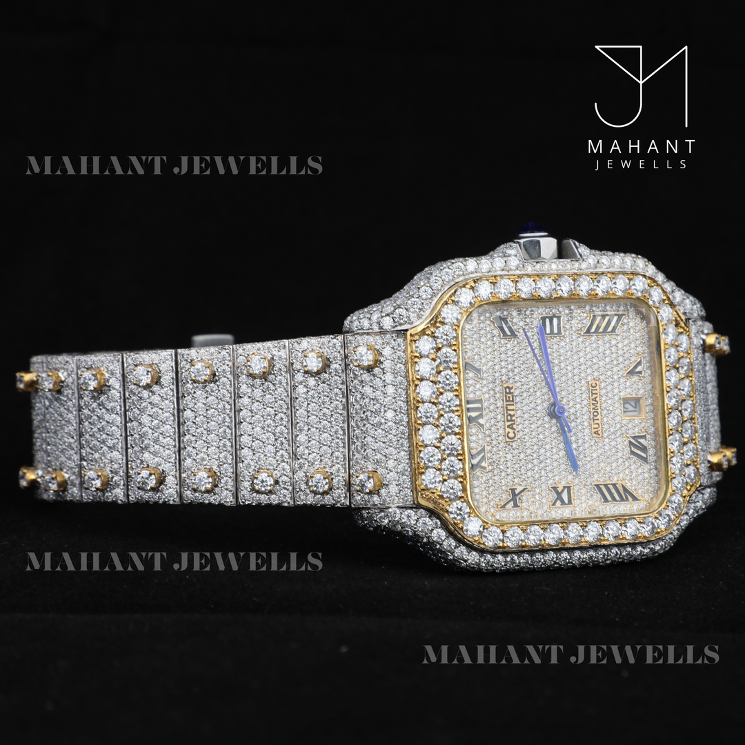 Square Dial Moissanite Watch With Roman Dial With Fully Ice Out Band