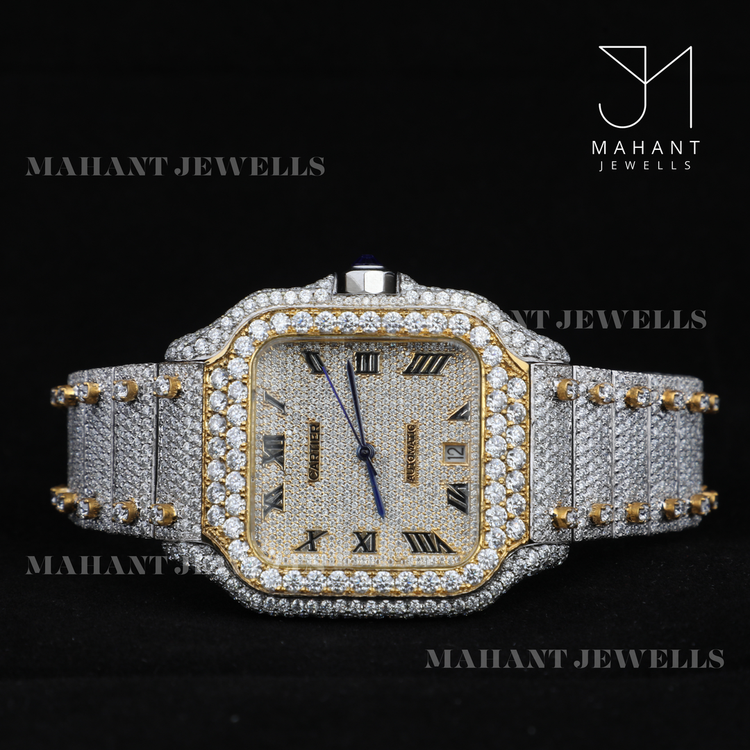 Square Dial Moissanite Watch With Roman Dial With Fully Ice Out Band