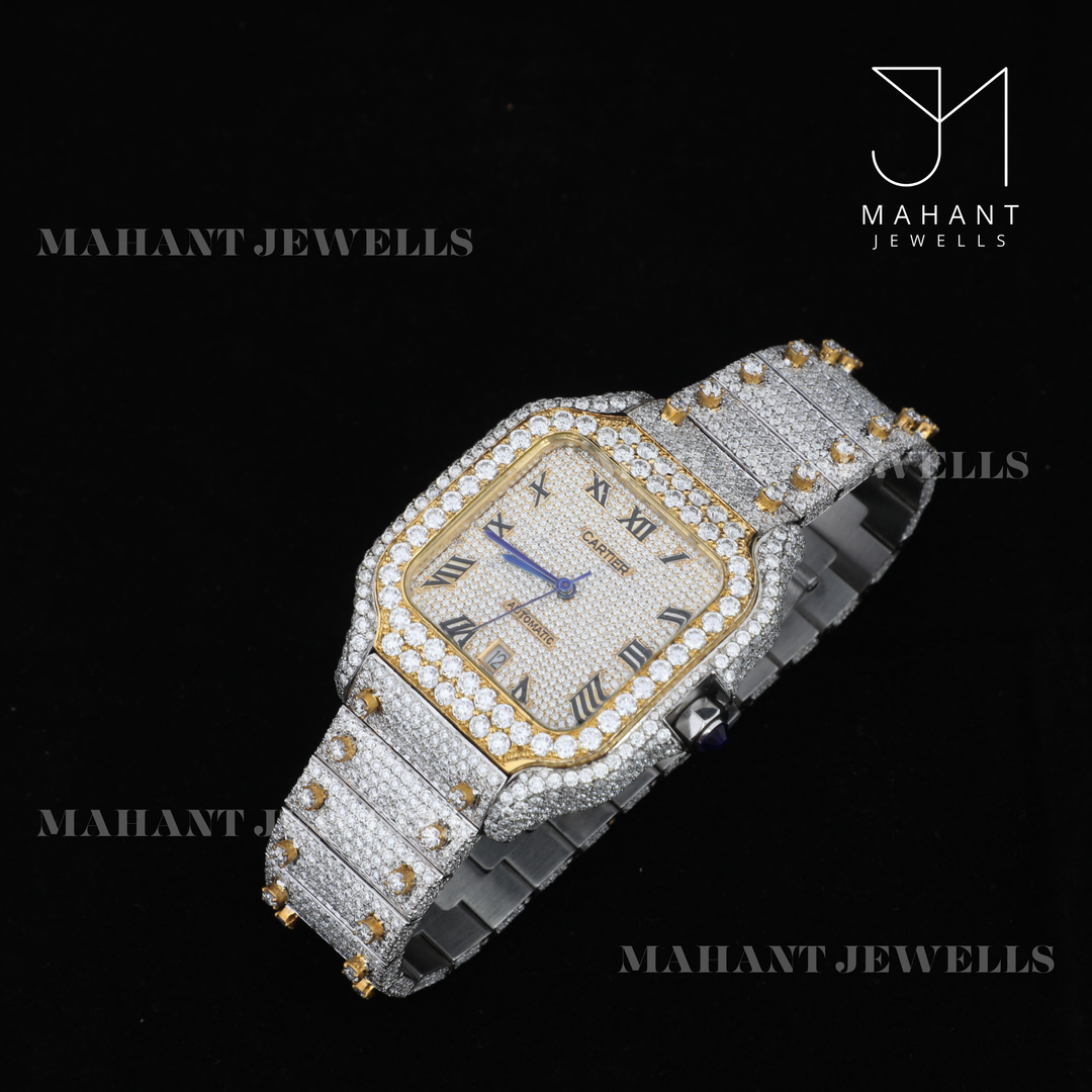 Square Dial Moissanite Watch With Roman Dial With Fully Ice Out Band