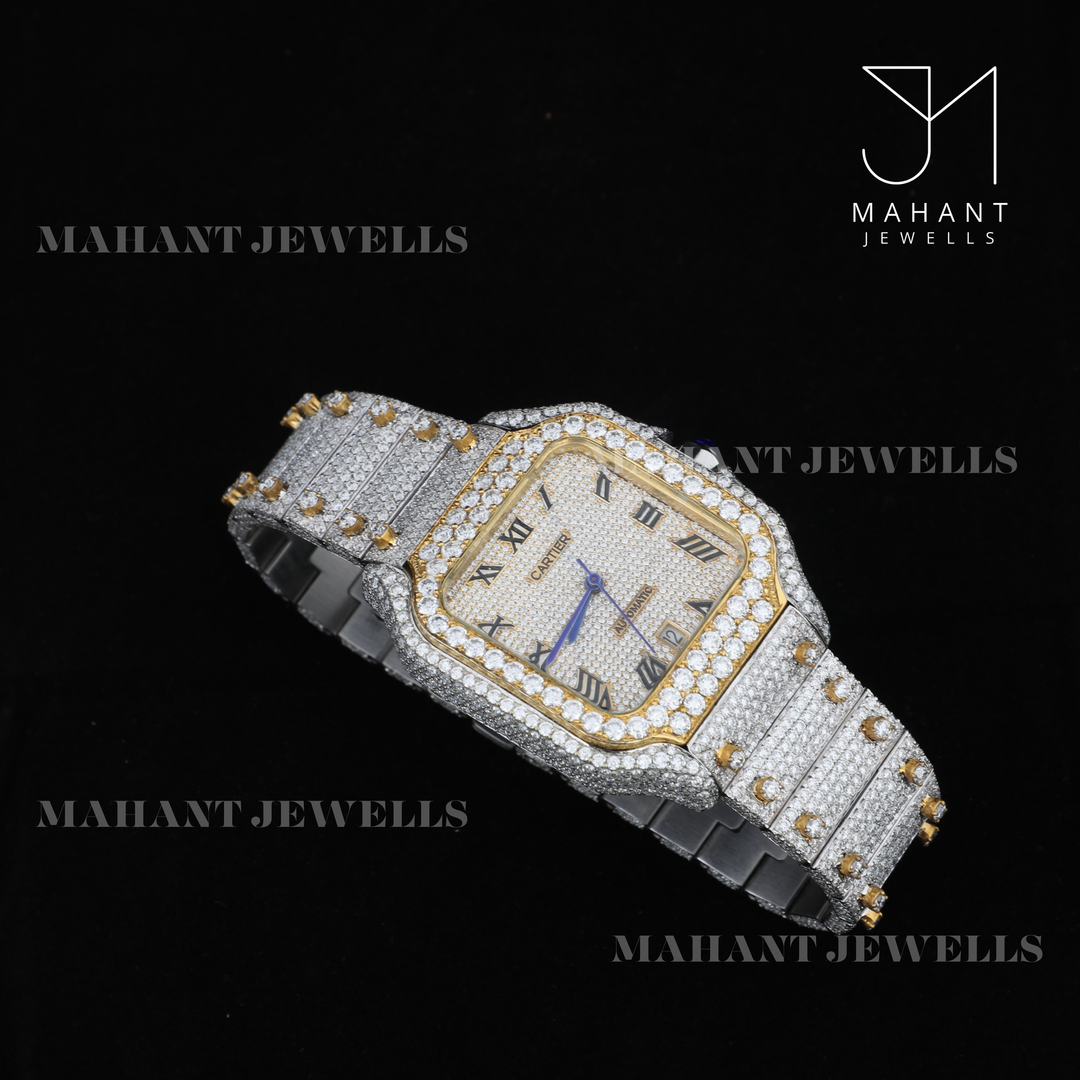 Square Dial Moissanite Watch With Roman Dial With Fully Ice Out Band