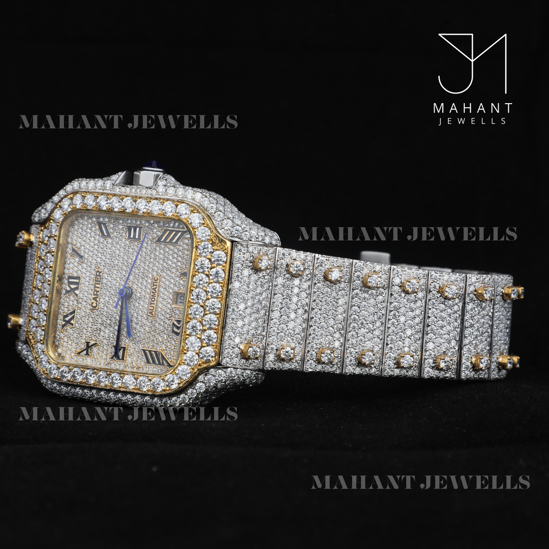 Square Dial Moissanite Watch With Roman Dial With Fully Ice Out Band