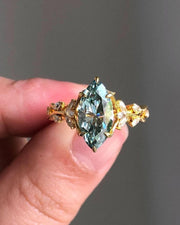 2 CT Art Deco Style Floral Leaf Moissanite Ring Blue Green Marquise Cut Engagement Ring