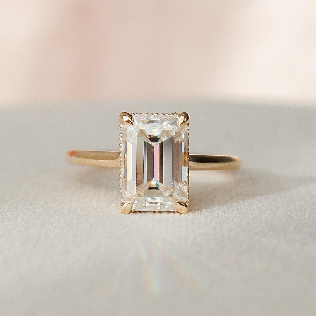 2.50 CT Emerald Cut Moissanite Hidden Halo Engagement Ring